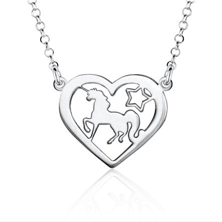 Sterling Silver Trotting Unicorn in Heart Pendant Necklace on Rolo Chain 17" by Massete