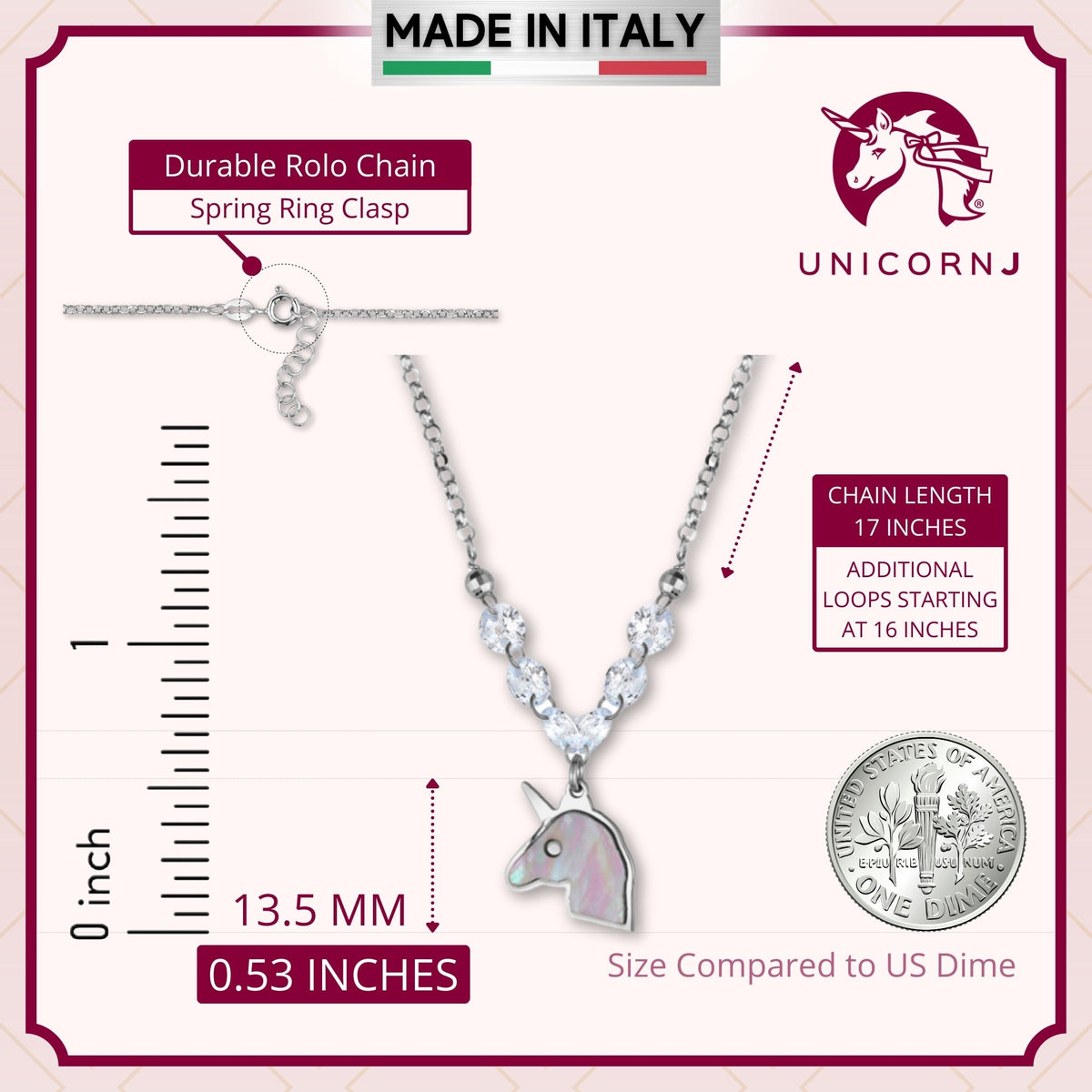 Sterling Silver Unicorn Necklace Pendant with Mother of Pearl Inlay and Diamond Crystals 17" by Massete