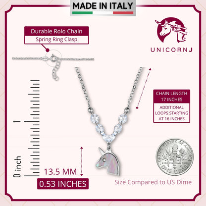 Sterling Silver Unicorn Necklace Pendant with Mother of Pearl Inlay and Diamond Crystals 17" by Massete