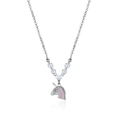 Sterling Silver Unicorn Necklace Pendant with Mother of Pearl Inlay and Diamond Crystals 17" by Massete