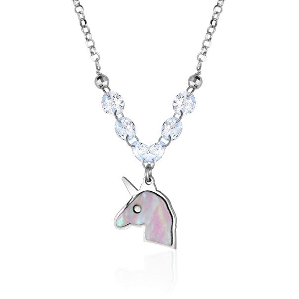 Sterling Silver Unicorn Necklace Pendant with Mother of Pearl Inlay and Diamond Crystals 17" by Massete