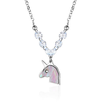 Sterling Silver Unicorn Necklace Pendant with Mother of Pearl Inlay and Diamond Crystals 17" by Massete