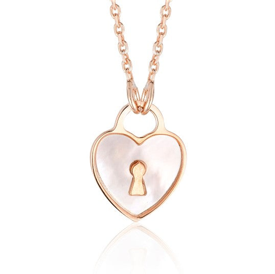 Sterling Silver Heart Lock Keyhole Pendant Necklace with Mother of Pearl Inlay 17" by Massete