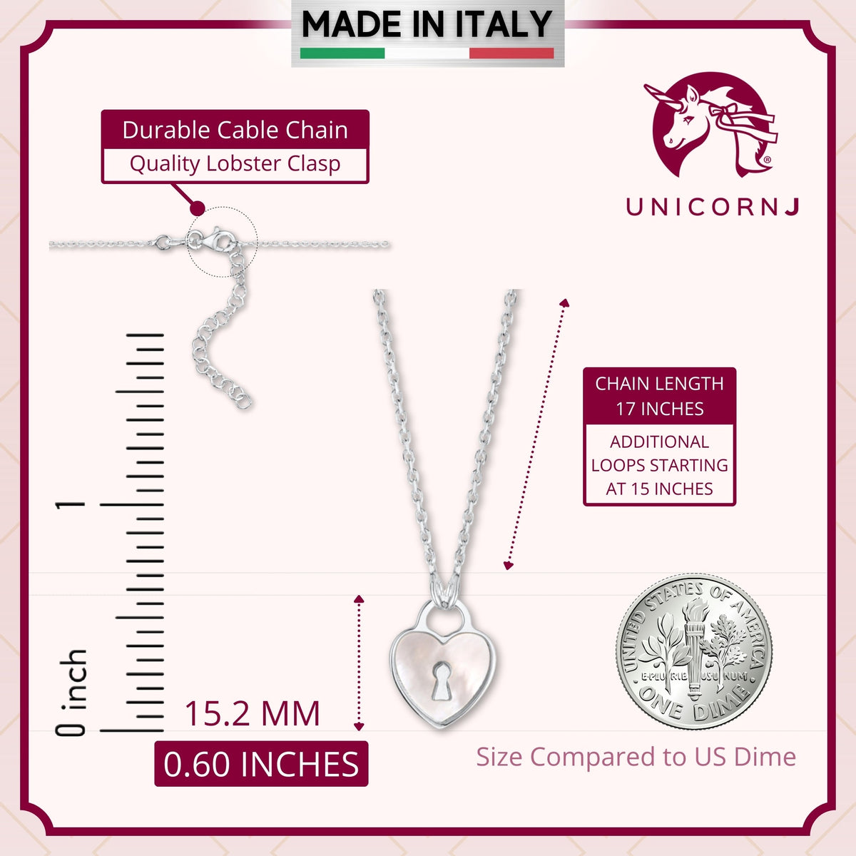 Sterling Silver Heart Lock Keyhole Pendant Necklace with Mother of Pearl Inlay 17" by Massete