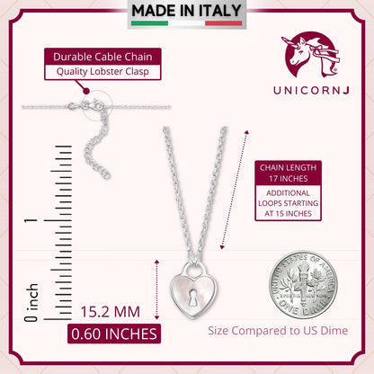 Sterling Silver Heart Lock Keyhole Pendant Necklace with Mother of Pearl Inlay 17" by Massete