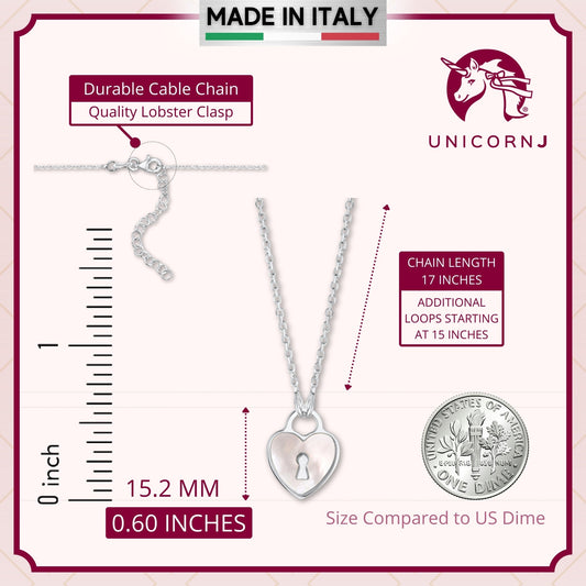 Sterling Silver Heart Lock Keyhole Pendant Necklace with Mother of Pearl Inlay 17" by Massete