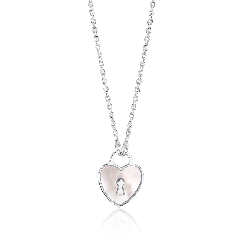 Sterling Silver Heart Lock Keyhole Pendant Necklace with Mother of Pearl Inlay 17" by Massete
