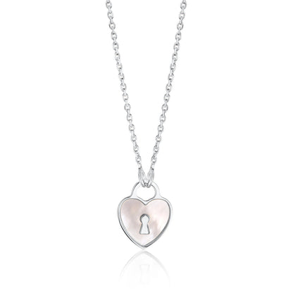 Sterling Silver Heart Lock Keyhole Pendant Necklace with Mother of Pearl Inlay 17" by Massete