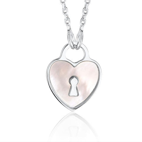 Sterling Silver Heart Lock Keyhole Pendant Necklace with Mother of Pearl Inlay 17" by Massete