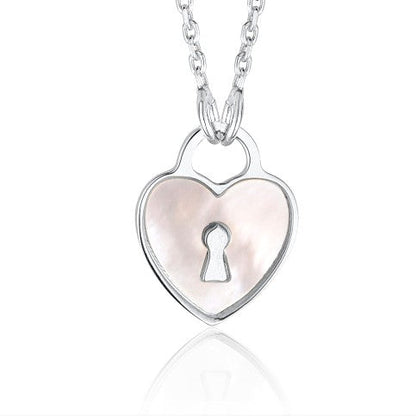 Sterling Silver Heart Lock Keyhole Pendant Necklace with Mother of Pearl Inlay 17" by Massete