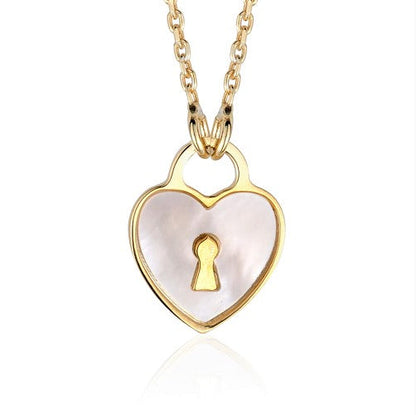 Sterling Silver Heart Lock Keyhole Pendant Necklace with Mother of Pearl Inlay 17" by Massete