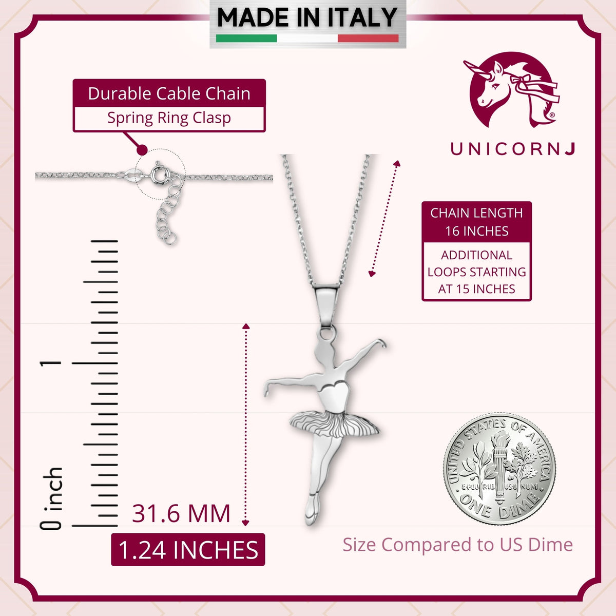 Sterling Silver & Sterling Silver Rose Gold Plated Ballet Dancer Pendant Necklace for Girls on Cable Chain 16 inches by Massete