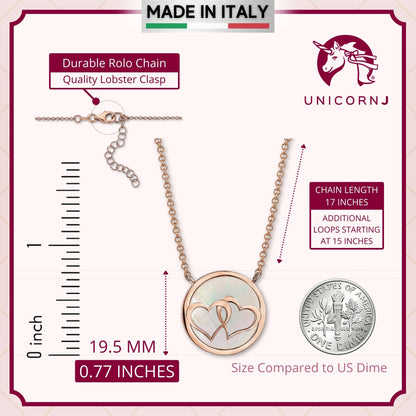 Sterling Silver Necklace Pendant Double Hearts Linked in Circle Rose Gold Plated with Mother of Pearl 17" by Massete