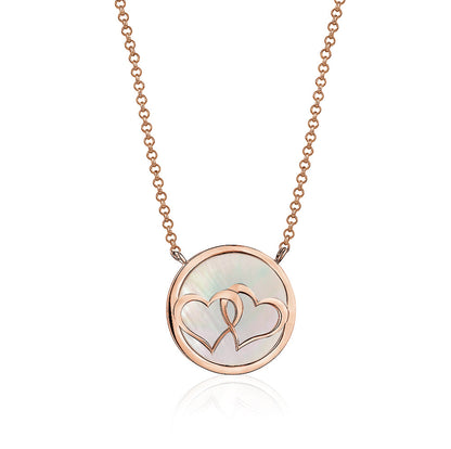 Sterling Silver Necklace Pendant Double Hearts Linked in Circle Rose Gold Plated with Mother of Pearl 17" by Massete