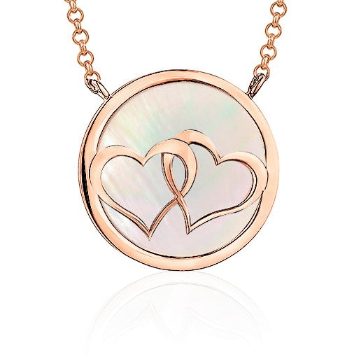 Sterling Silver Necklace Pendant Double Hearts Linked in Circle Rose Gold Plated with Mother of Pearl 17" by Massete