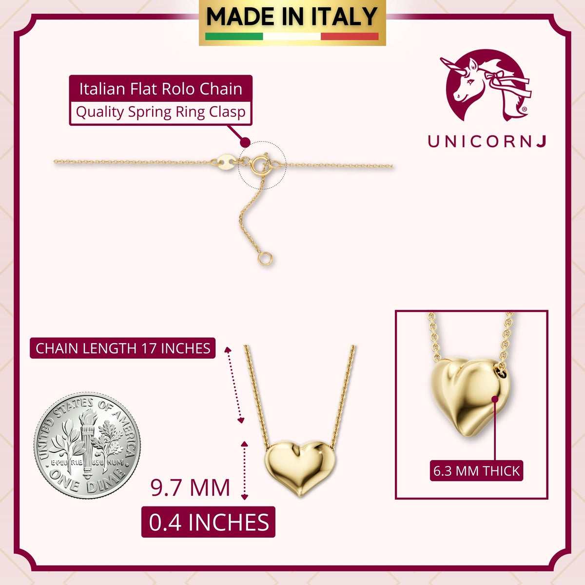 Floating Puff Heart Pendant Necklace 14K Yellow Gold on Box Chain Italy UNICORNJ 16" by Massete