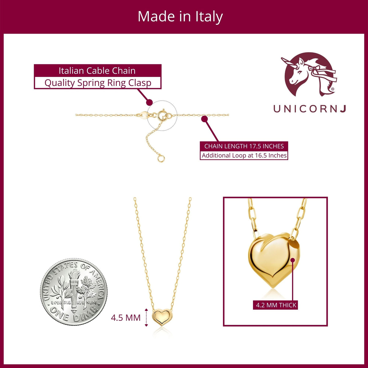 14K Yellow Gold Floating Puff Heart Pendant Necklace Polished Shiny on Cable Chain Italy 17.5" by Massete