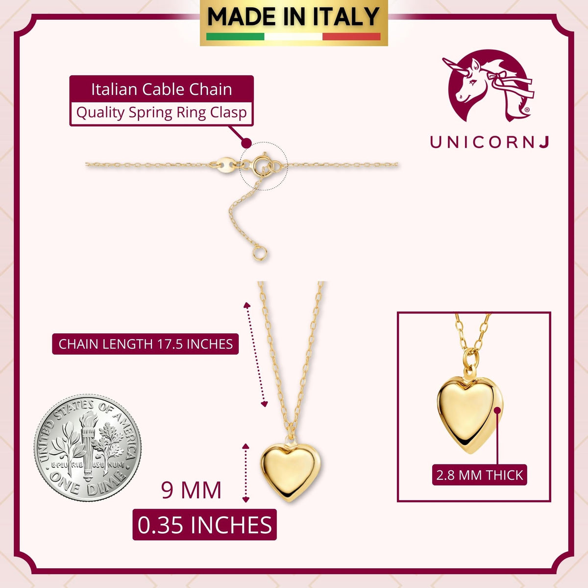 Unicornj 14k yellow gold polished heart pendant necklace on cable chain, view 3