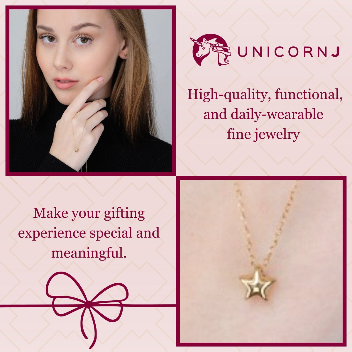 14k yellow gold floating puff star pendant necklace worn by a model, Unicornj, view 3