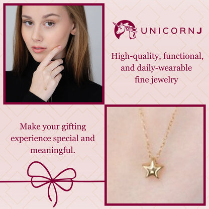 14k yellow gold floating puff star pendant necklace worn by a model, Unicornj, view 3