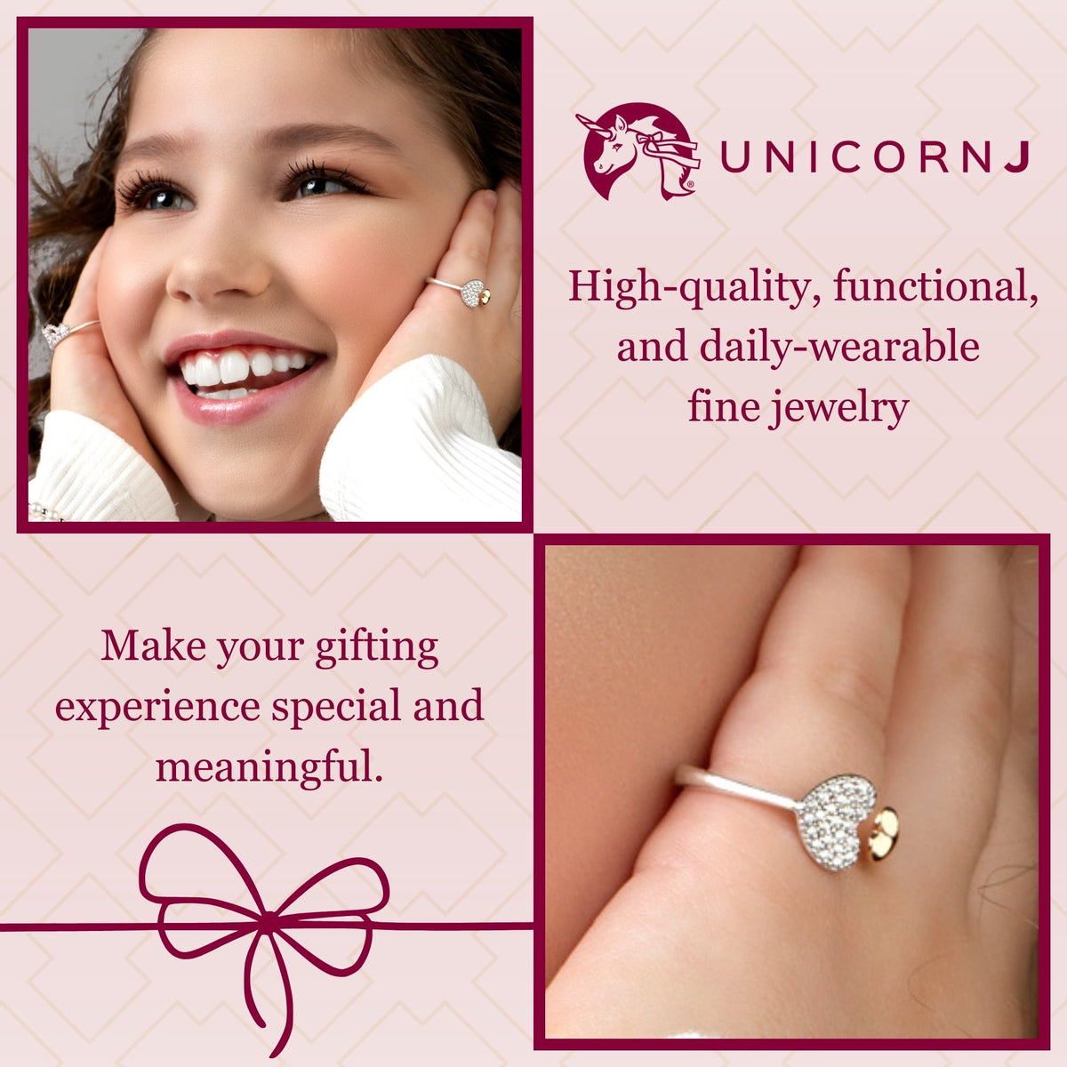 UNICORNJ 14K White and Rose or White and Yellow Gold Open Ring Hearts Polished and Pave CZ Italy by Massete