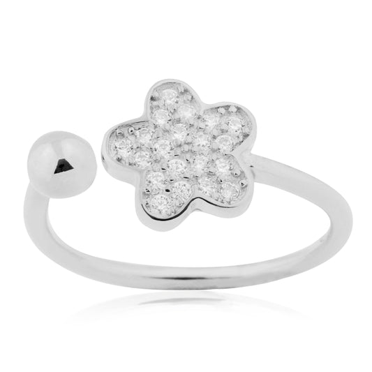 Adjustable Flower Ring in Sterling Silver Pavé with CZ by Massete