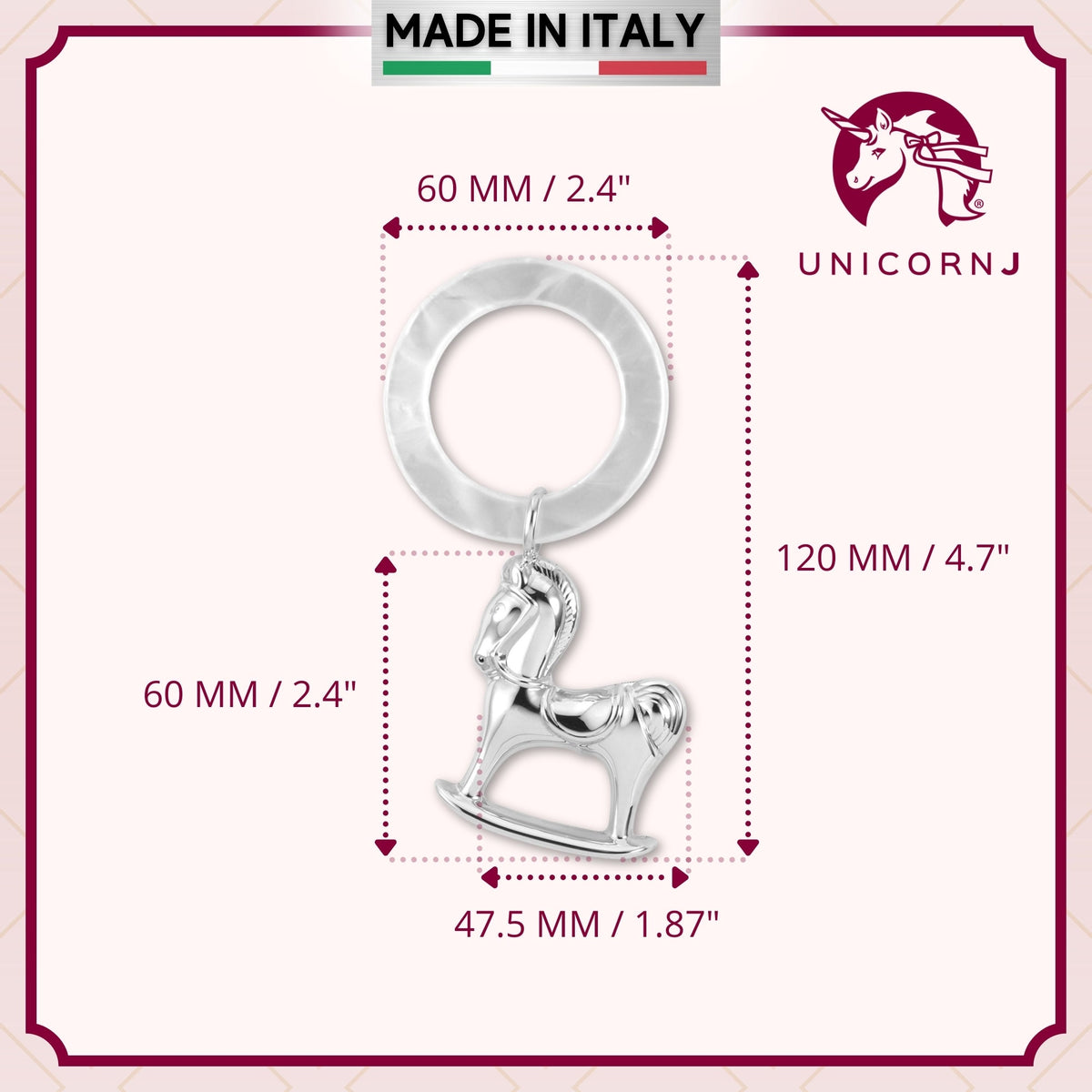 UNICORNJ Sterling Silver Keepsake Baby Rattle Rocking Horse | Complete with Gift Box | Gift for Baby | Made in Italy by Massete