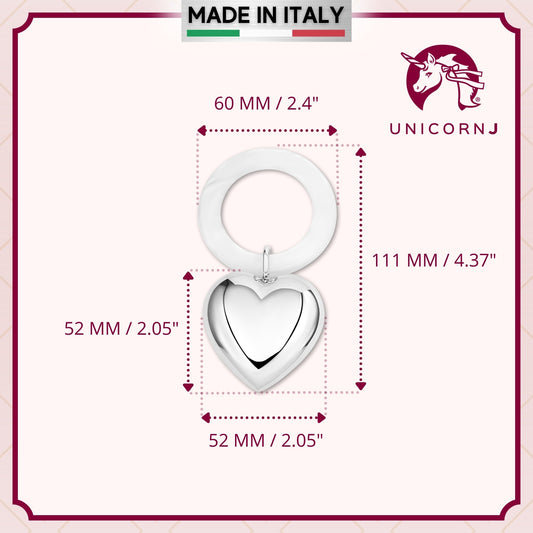UNICORNJ Sterling Silver Keepsake Baby Rattle Teether Heart Personalized with Engraved Initials or Name | Complete with Gift Box | Gift for Baby | Made in Italy by Massete