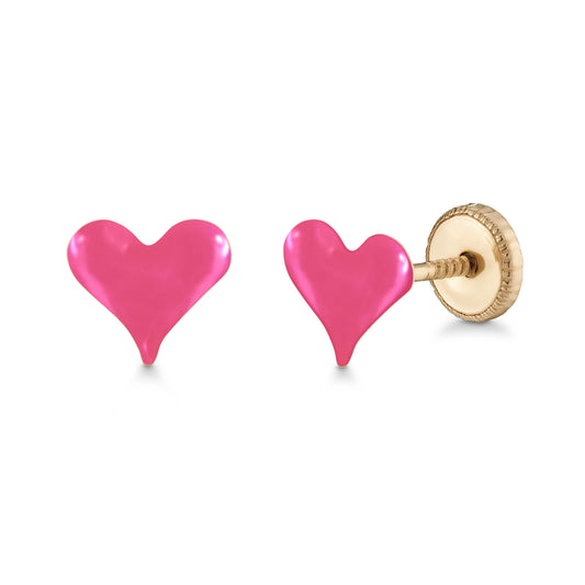 UNICORNJ 14k Yellow Gold Stud Earrings Small Heart with Color Enamel for Girls or Women Screwback by Massete