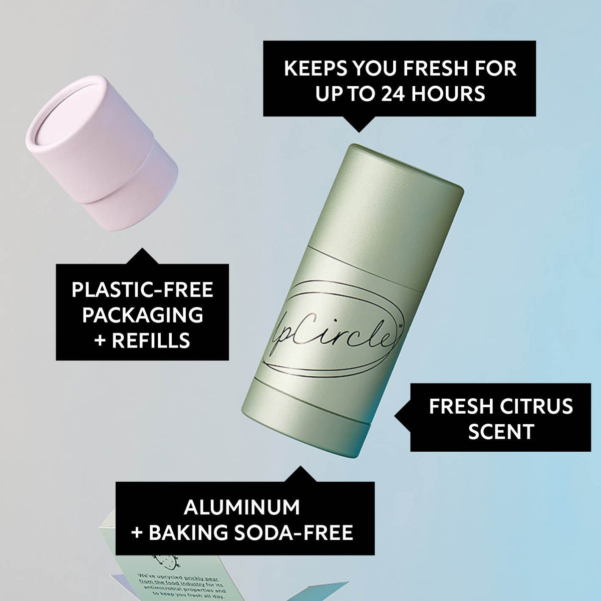Feature callouts for UpCircle macadamia + bergamot deodorant refills