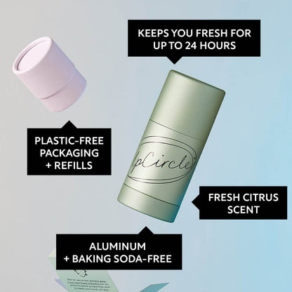 Feature callouts for UpCircle macadamia + bergamot deodorant refills