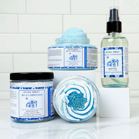 Blue Christmas bundle with body oil, body butter and foaming sugar scrub