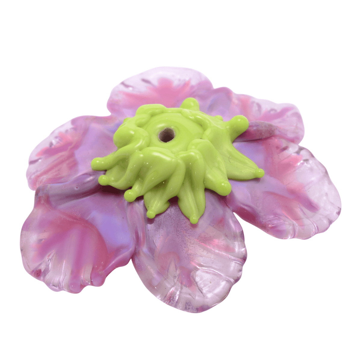 Handmade Lampwork Glass Flower Focal Bead: Pink Purple with Green Center - 12x36mm by Continental Bead Suppliers
