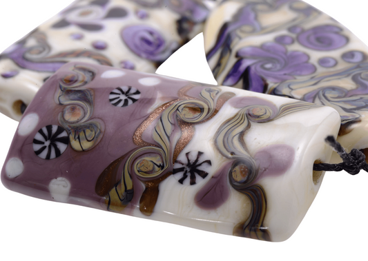 Handmade Lampwork Glass Focal Bead Set - Grace Ma - Purple White Kalera and Marquise Beads 3pc by Continental Bead Suppliers