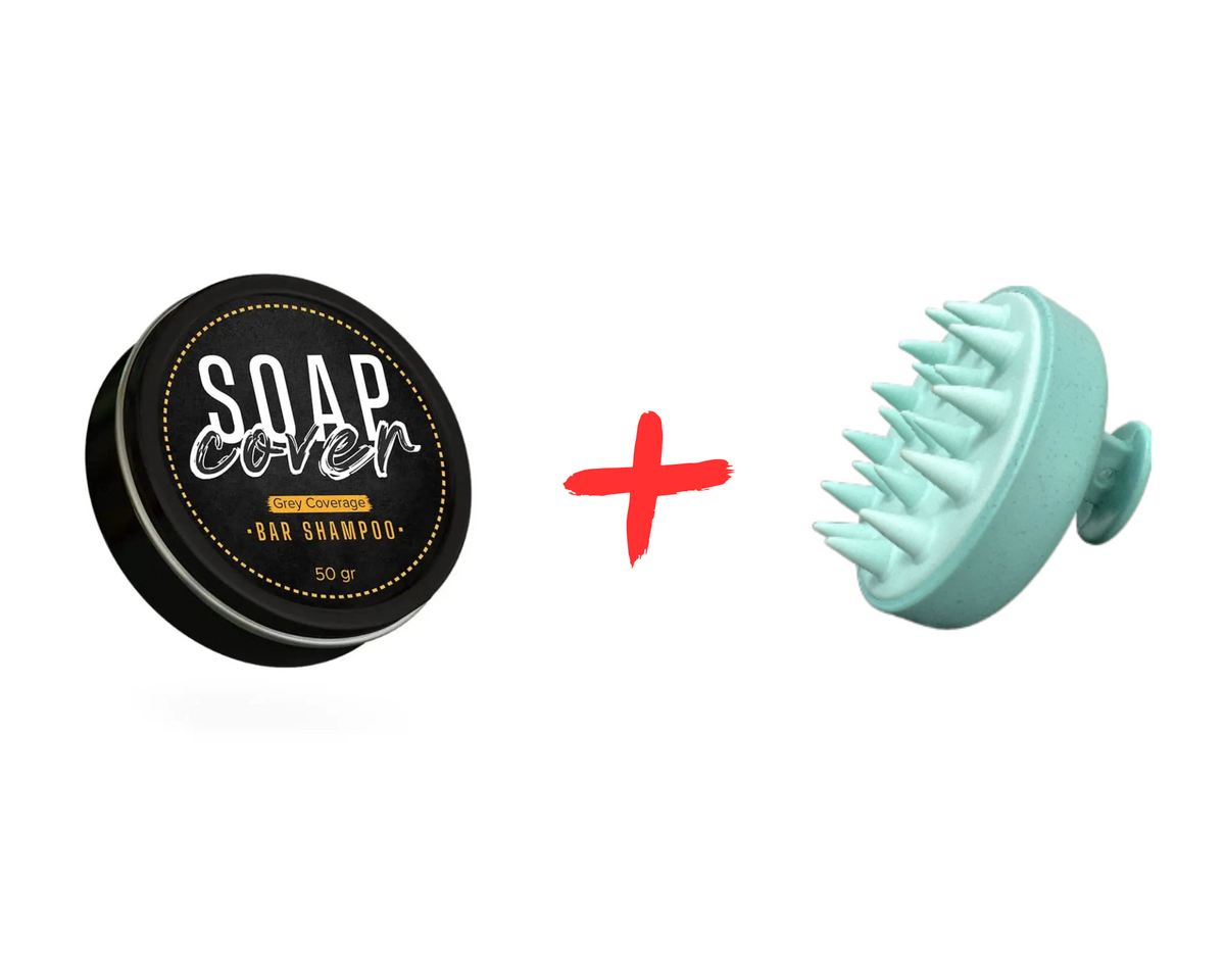 SoapCover gray hair coverage soap bar, 1.7 oz, with scalp massager brush