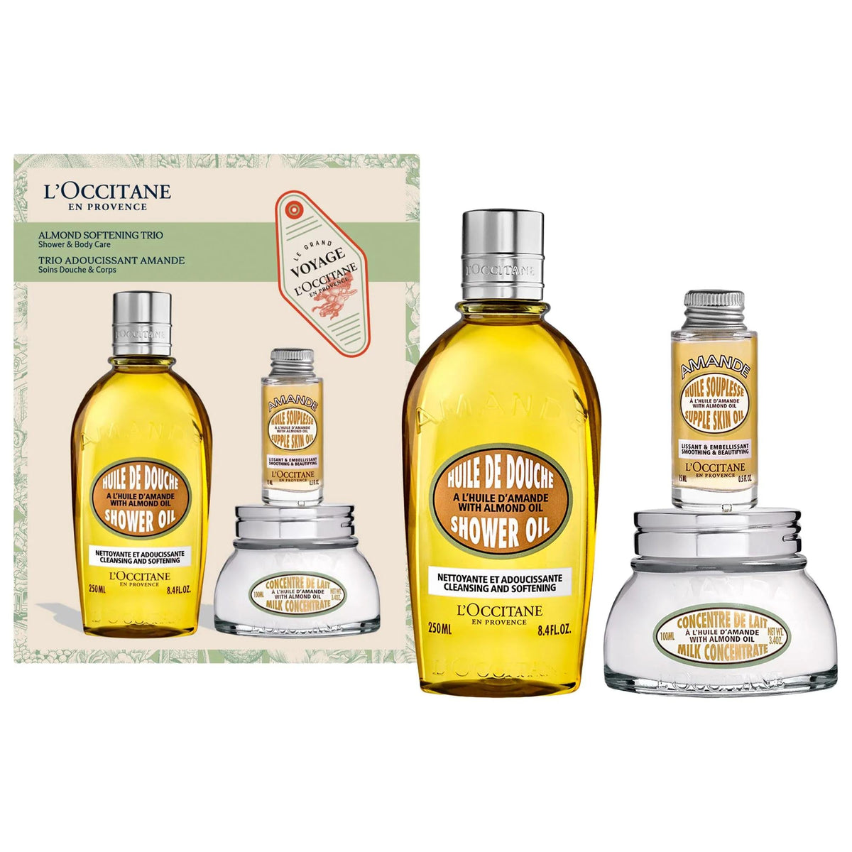 L'Occitane Almond Softening & Moisturizing Holiday Trio: Vegan Skincare Set for Dry Skin with Almond Shower Oil, Milk Concentrate & Skin Oil by Beauty Care Bag