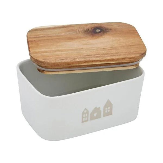 Ideenwelt Ceramic Butter Dish with Acacia Wood Lid: Keep Butter Fresh, 250g Capacity - Elegant Butter Keeper & Container by Beauty Care Bag