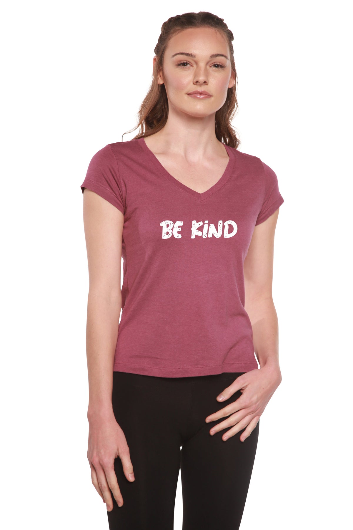 Be Kind printed women's V-neck cap sleeve T-shirt in bamboo viscose and organic cotton
