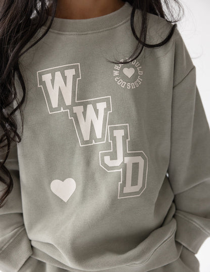 WWJD Varsity Kids Crewneck by Elevated Faith
