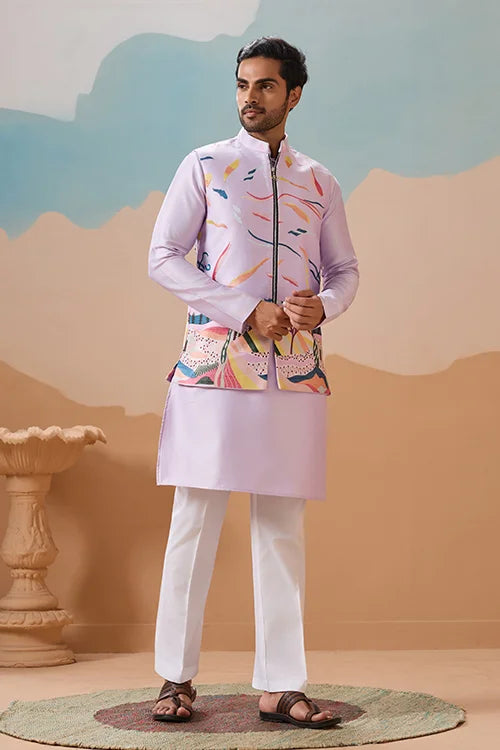 Lavender Wedding Carnival Koti Kurta Set for Mens by Cyan Butterscotch