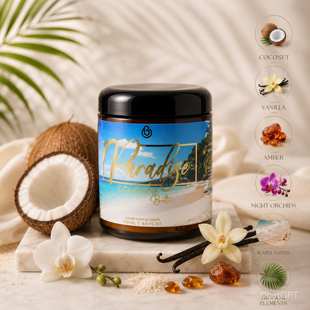 PARADISE – Luxury Fragrance Body Butter | Coconut, Vanilla & Amber Cologne Scent Hydrating Skin Butter | Cologne Butter by CB