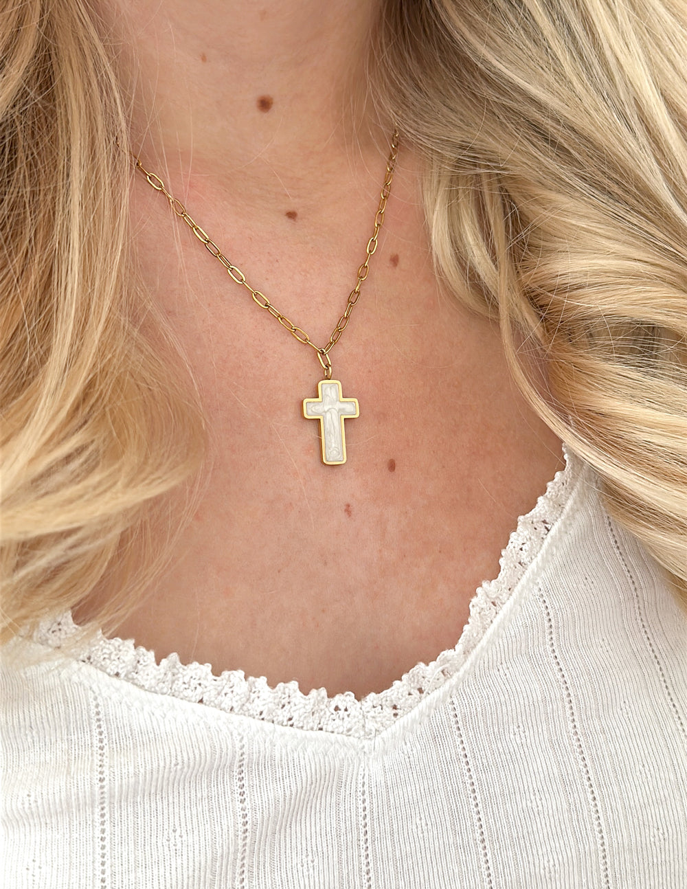 White Enamel Cross Necklace by Elevated Faith