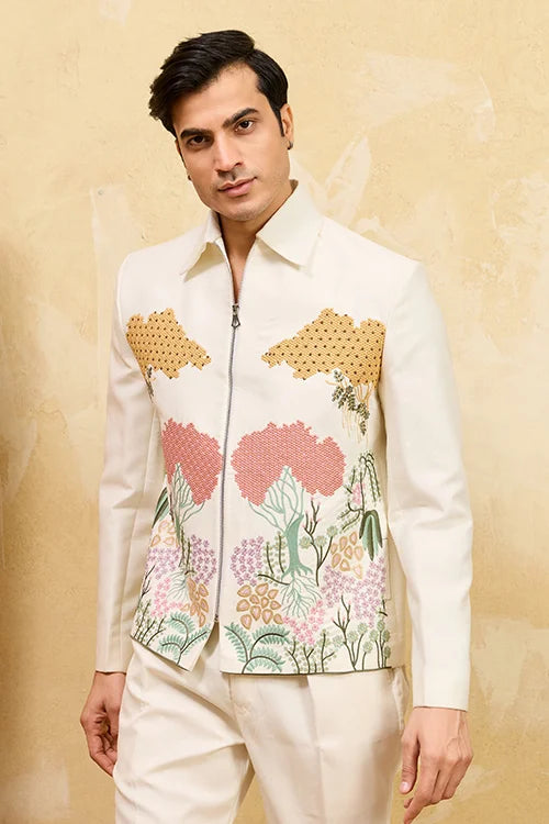 White Velvet Embroidered Bomber Jacket with Pant for Mens Wear by Cyan Butterscotch