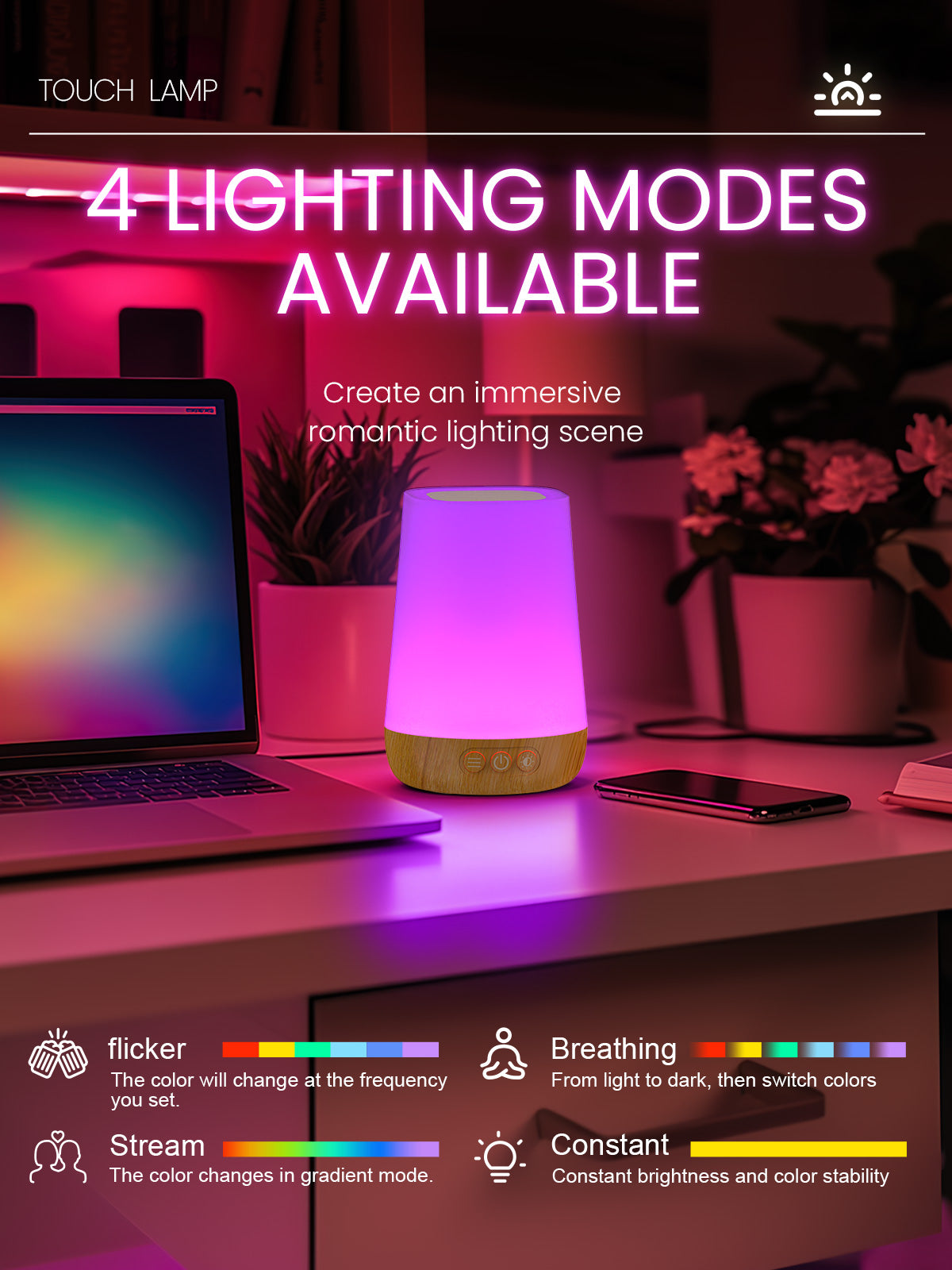Touch Bedside Table Lamp,4 LIGHTING MODES AVAILABLE, Rechargeable Desk Lamp, Dimmable Night Light with RGB Color Changing,Portable Lamp for Baby, Bedroom, Living Room by KARONDA RENE LEWIS