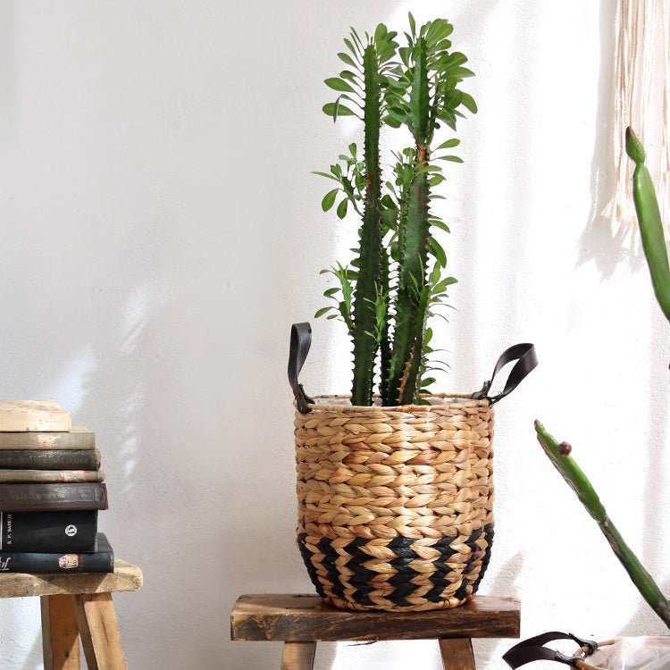 Two-Tone Basket Planter with Leather Handles by RusticReach
