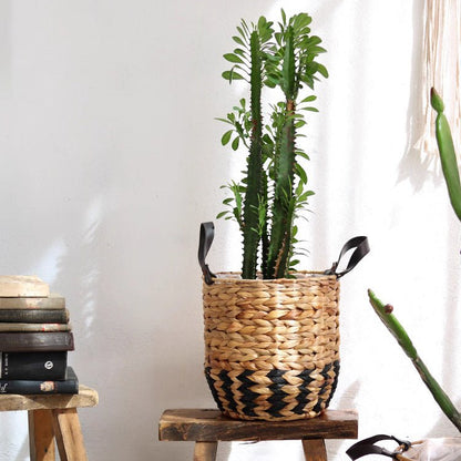 Two-Tone Basket Planter with Leather Handles by RusticReach
