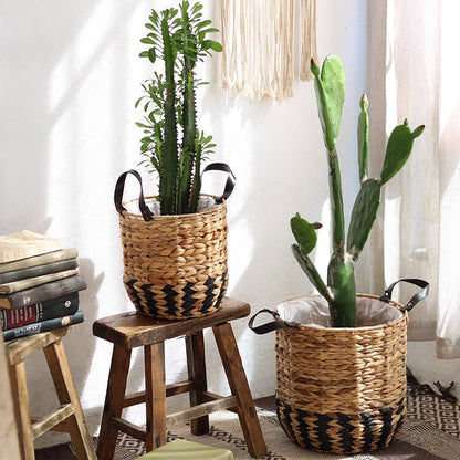 Two-Tone Basket Planter with Leather Handles by RusticReach