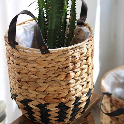 Two-Tone Basket Planter with Leather Handles by RusticReach