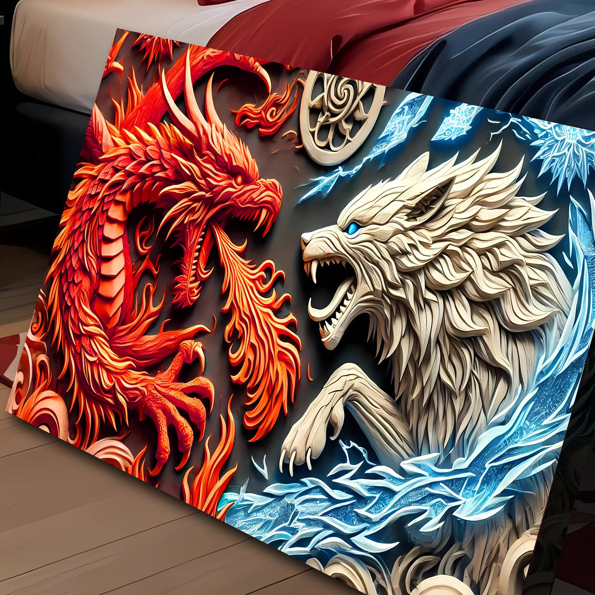 Close-up of 3D Dragon and Wolf Wall Art V canvas by Tailored Canvases, view 2