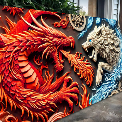 Close-up of 3D Dragon and Wolf Wall Art V canvas by Tailored Canvases